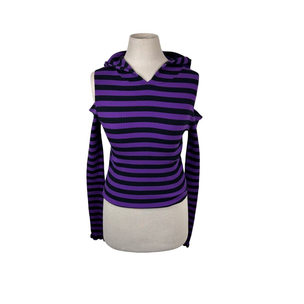 Killstar Purple Black Striped Cutout Long Sleeve Hooded Gothic Top Sz Small